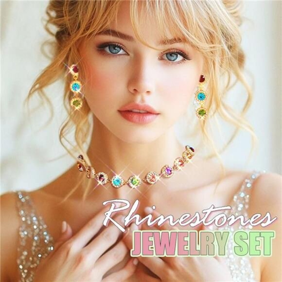 Colorful Crystal Jewelry Set Necklace Earrings Rhinestone Sparkly Party Gift Wom - Picture 4 of 7